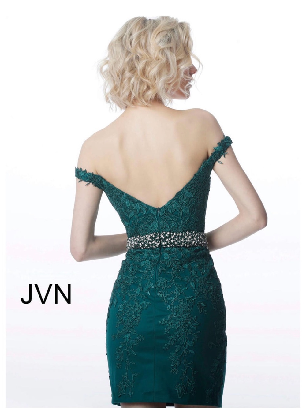 JVN Emerald Lace Off-Shoulder Dress with Beaded Waist - Picture 2 of 11